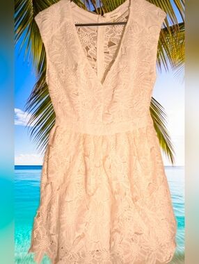 Women's Lace V-Neck Short Sun Dress in White Med. By Parvenue, Superb